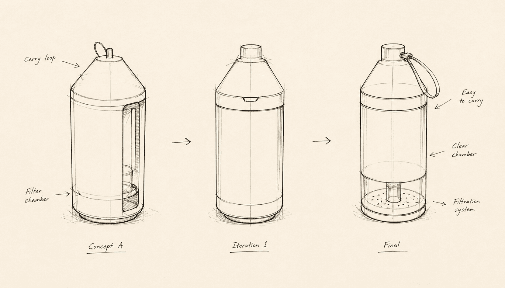 Ideation sketches for a student water purifier project